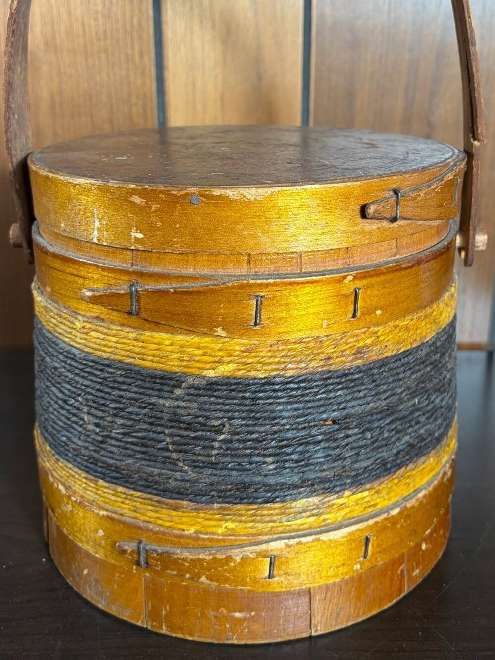 Antique Primitive Wooden 10 Inch Firkin Sugar Bucket with Swing Handle and Lid
